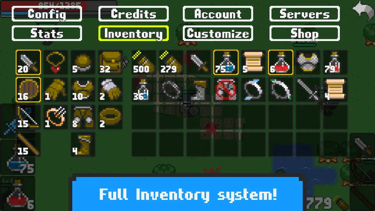 Interfejs gry Rucoy Online z widocznym ekwipunkiem: miecz, mikstury, zbroja, łuk. Pełny system ekwipunku!