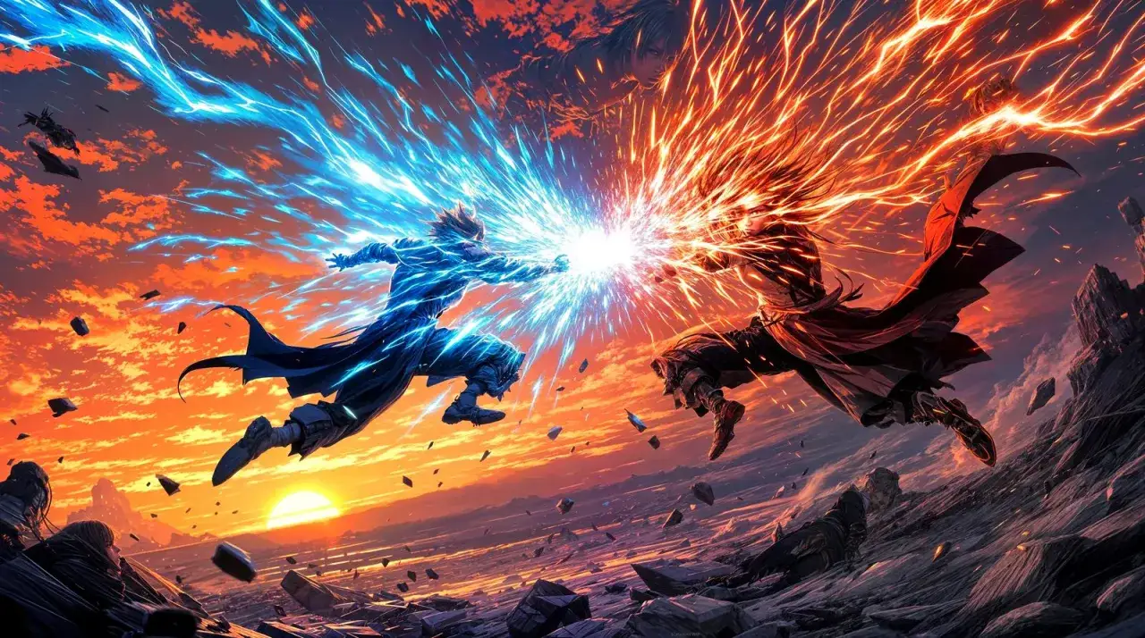 Saitama vs Goku w epickim starciu, energia niebieska i czerwona zderza się na tle zachodzącego słońca.
