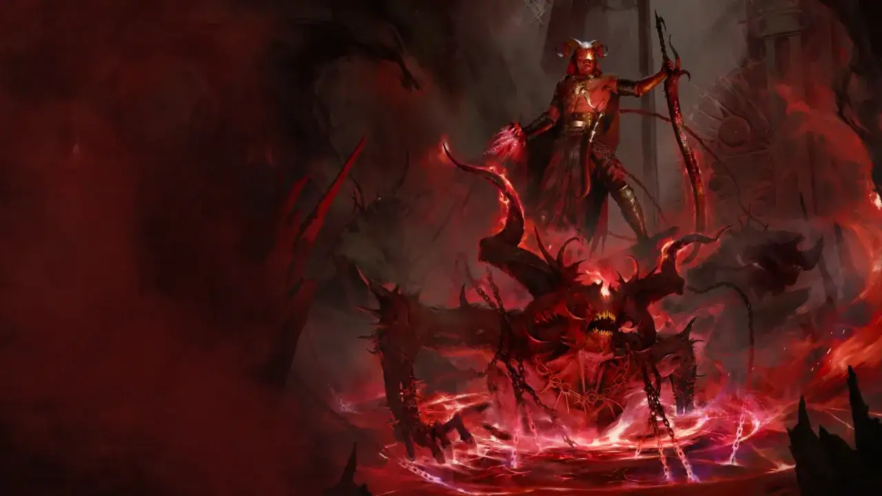 Diablo 4 update: Czerwony demon z rogami i mieczem stoi nad potworem w ogniu.