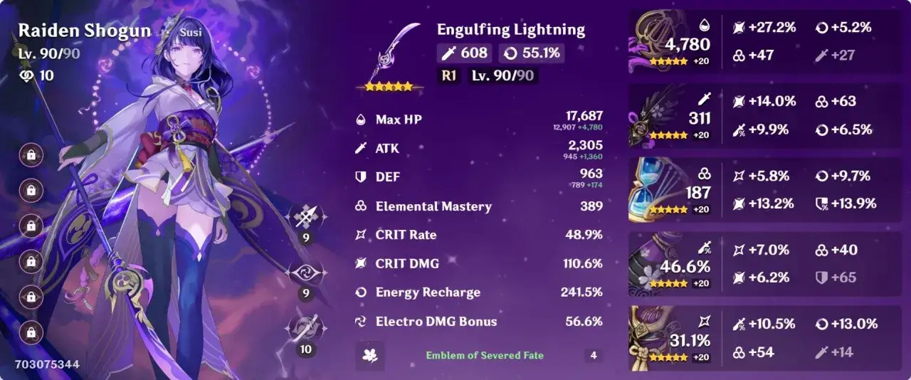 Raiden Shogun z bronią Engulfing Lightning, statystyki postaci i artefakty.