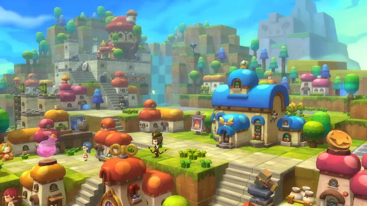Kolorowa wioska z grą Maple Story 2, pełna uroczych domków w kształcie grzybów i zielonych drzew.