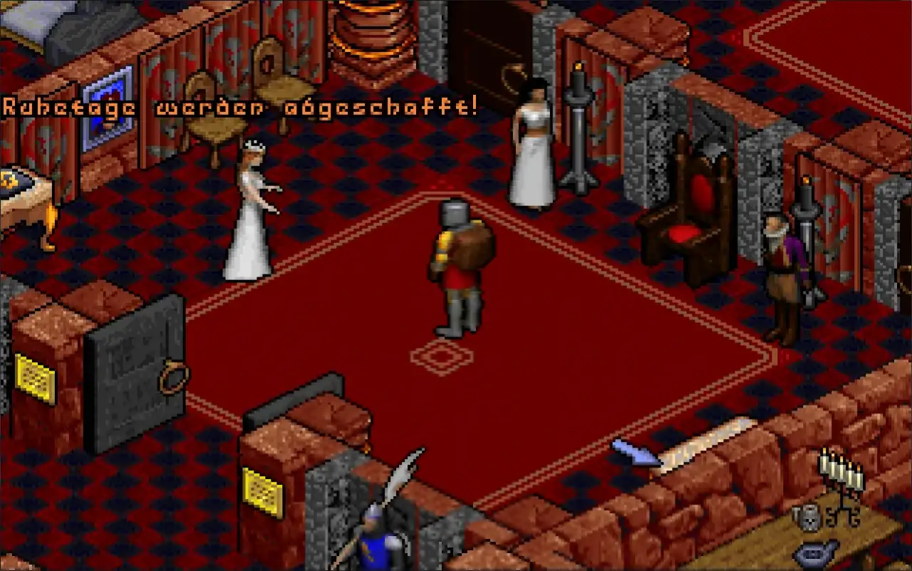 Rzut izometryczny gry. Rycerz stoi przed kobietą w białej sukni, a w tle widać tron.