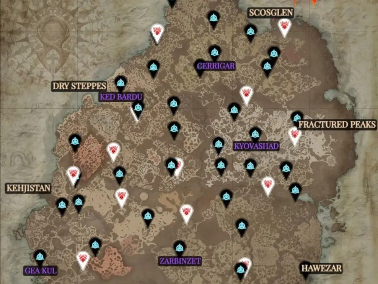 Mapa Sanktuarium z zaznaczonymi lokacjami, w tym Diablo 4 twierdze. Widoczne regiony: Dry Steppes, Kehjistan, Fractured Peaks, Scosglen, Cerrigar, Kyovashad, Zarbinzet, Gea Kul, Hawezar.