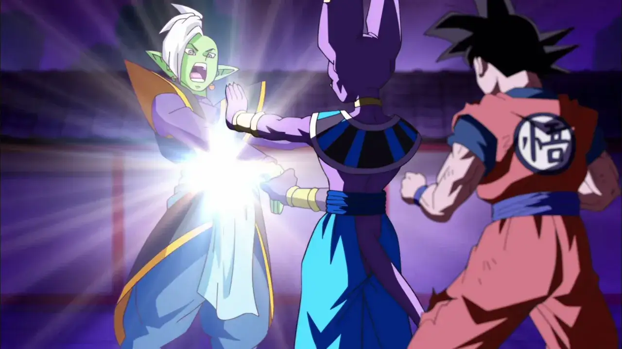 Zamasu krzyczy, gdy Beerus używa mocy Hakai, a Goku jest gotowy do walki.