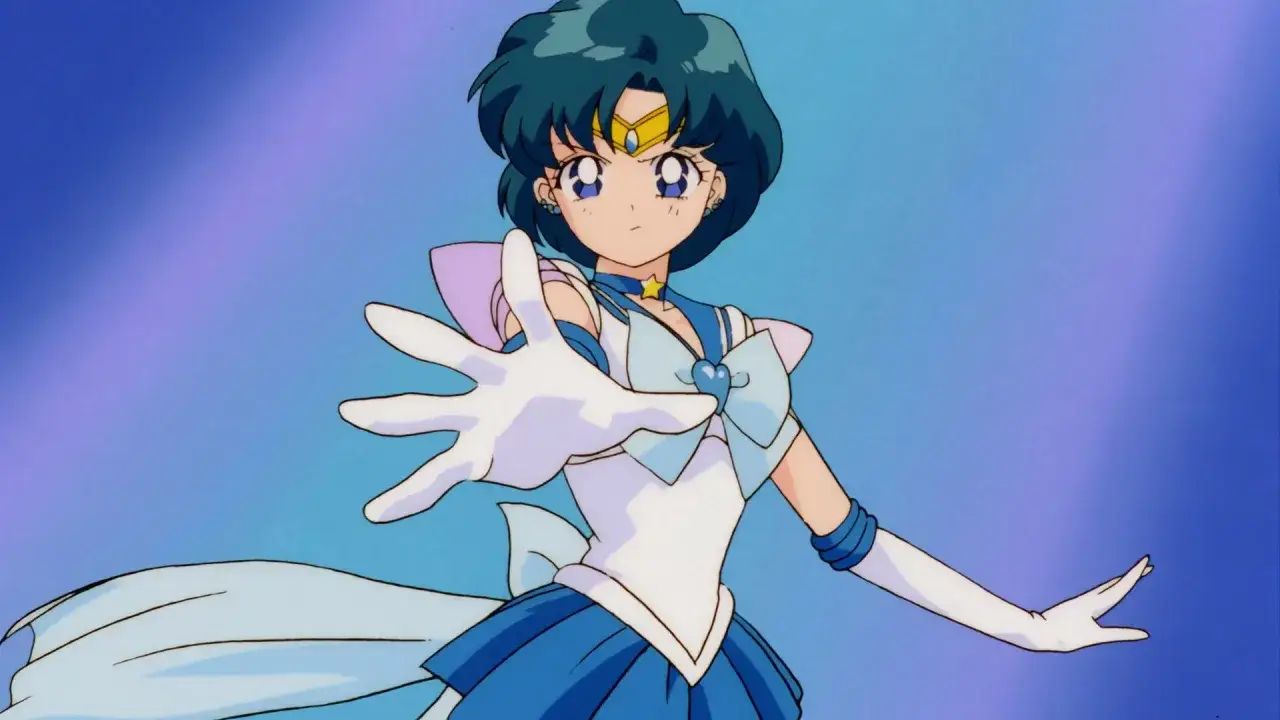 Sailor Mercury wyciąga rękę, gotowa do walki. Jej niebieskie włosy i strój lśnią na tle błękitnego nieba.