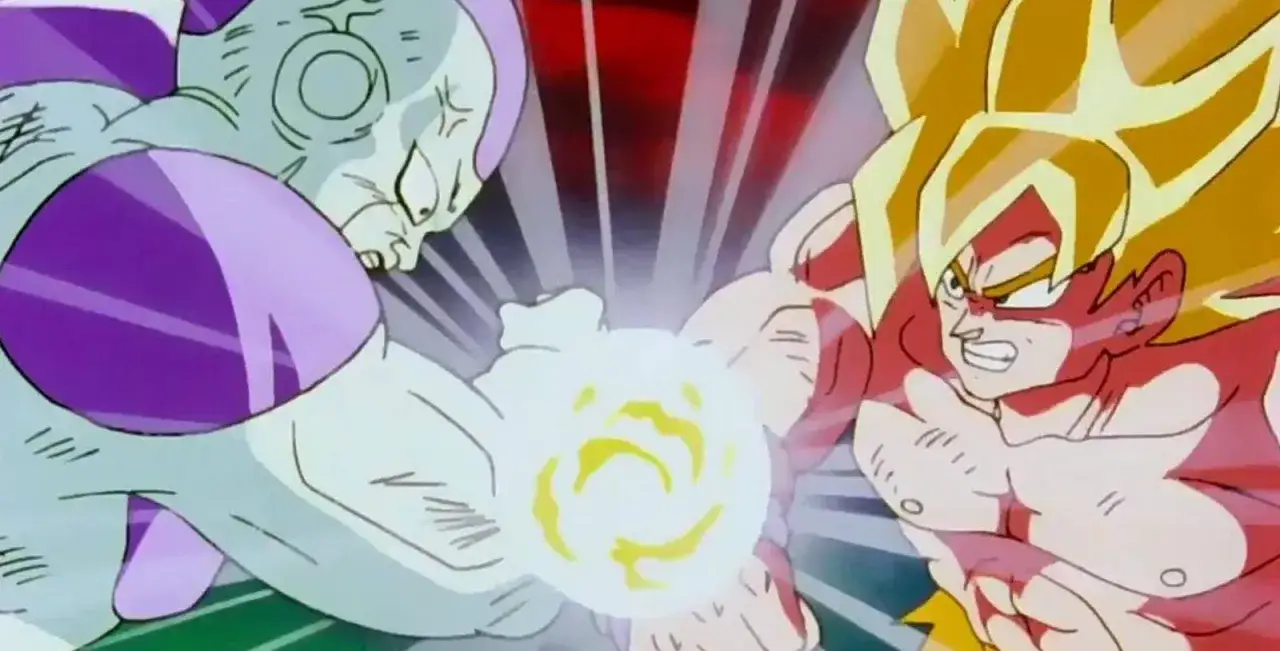Zacięta walka Goku vs Frieza. Obaj wojownicy skupiają energię do potężnego ataku.