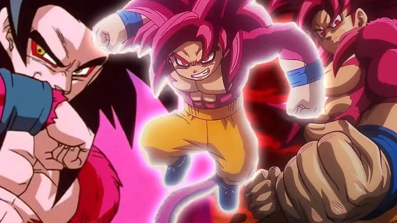 Goku Super Saiyan 4 w akcji, otoczony przez swoich wrogów. Jego różowe włosy i potężna aura emanują siłą.