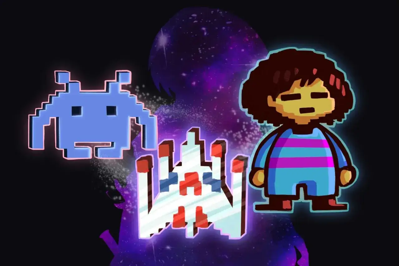 Postacie z gier retro i Frisk z Undertale na tle kosmosu, jakby przygotowani na prawdziwy bullet hell.