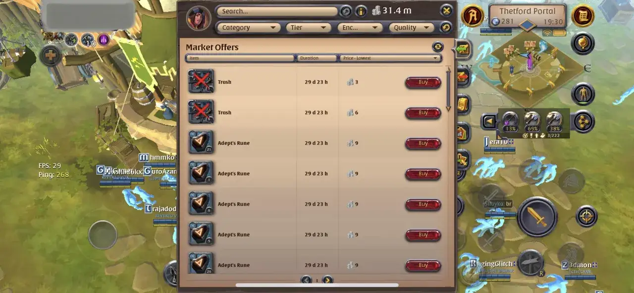 Oferty na rynku w Albion Online: kupuj runy Adepta i śmieci. Ceny zaczynają się od 3 sztuk srebra.