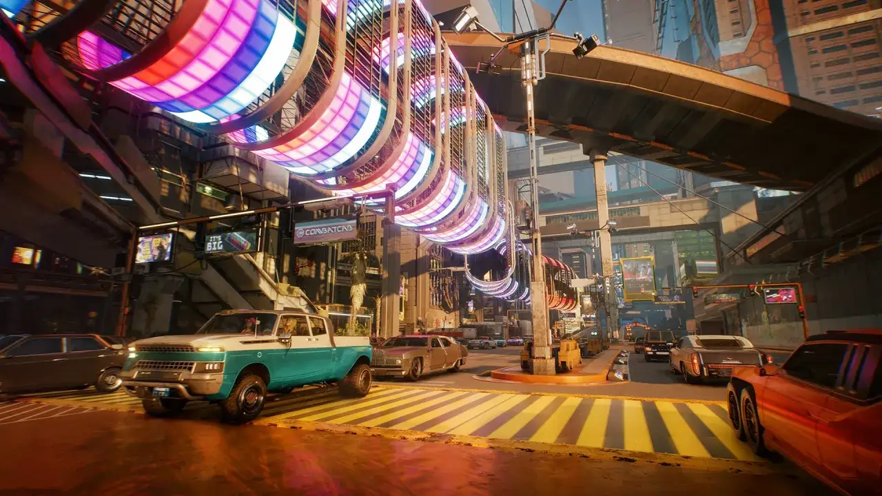 Nocne miasto w stylu cyberpunk 2077 update, z neonowymi światłami, futurystycznymi samochodami i drapaczami chmur.