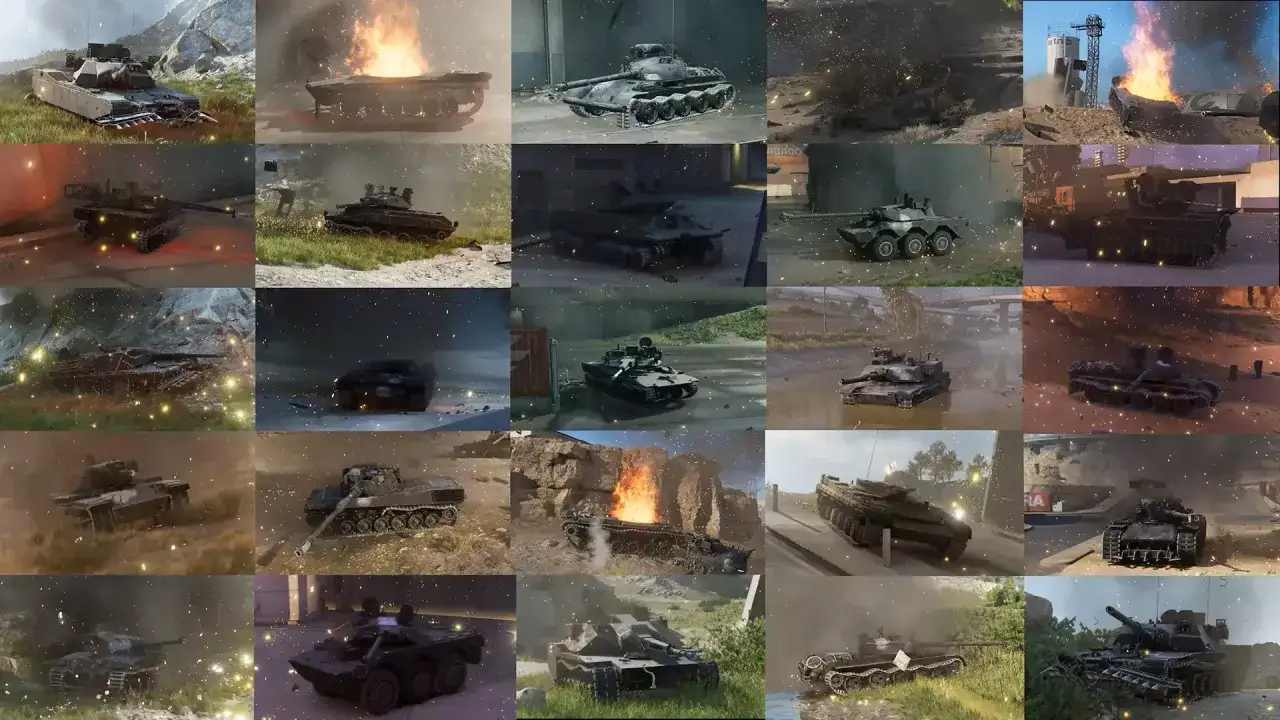 Kolekcja obrazów przedstawiających różne ground war tanks w akcji, niektóre w ogniu, inne w ruchu, w różnych sceneriach.