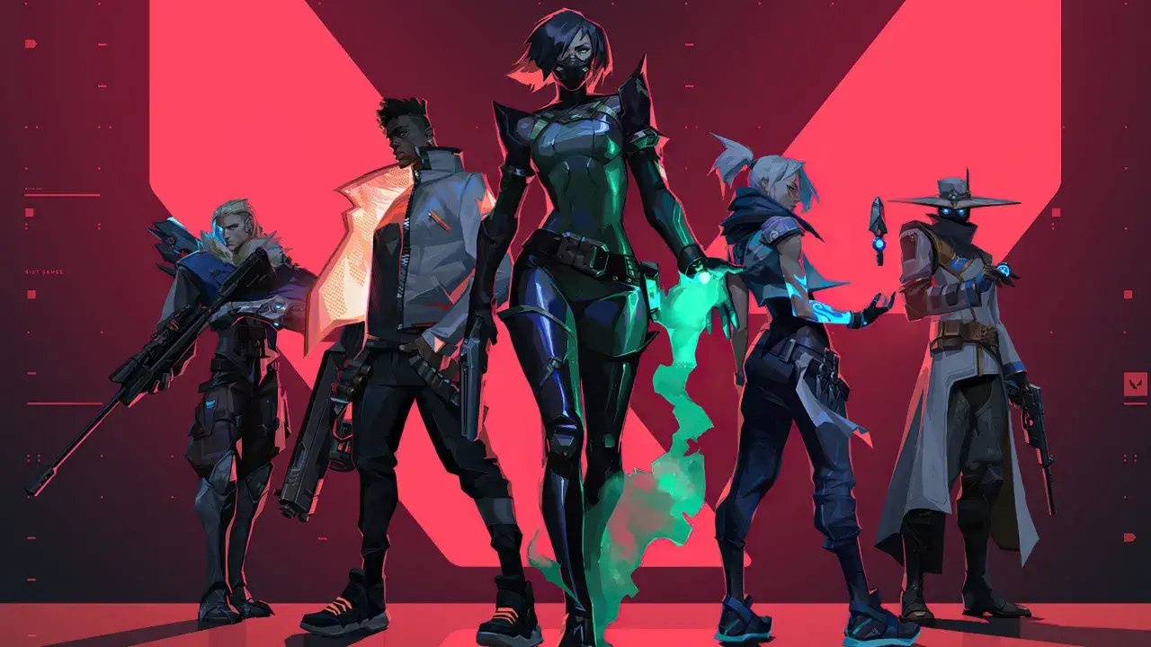 Pięciu agent&oacute;w Riot Vanguard, w tym Viper, Phoenix i Cypher, pozuje na tle czerwonej grafiki.