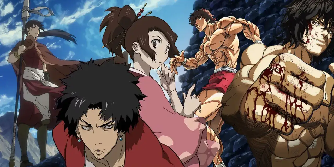 Postacie z anime sztuki walki, w tym wojownik z zakrwawionymi pięściami i muskularny mężczyzna, gotowi do walki na tle górskiego krajobrazu.