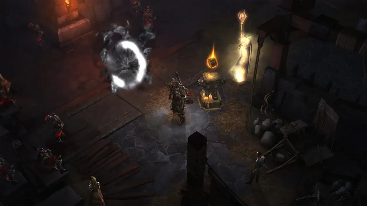 Wojownik w zbroi walczy z potworami w mrocznym lochu, gdzie czai się diablo 3 skamieniały krzyk.