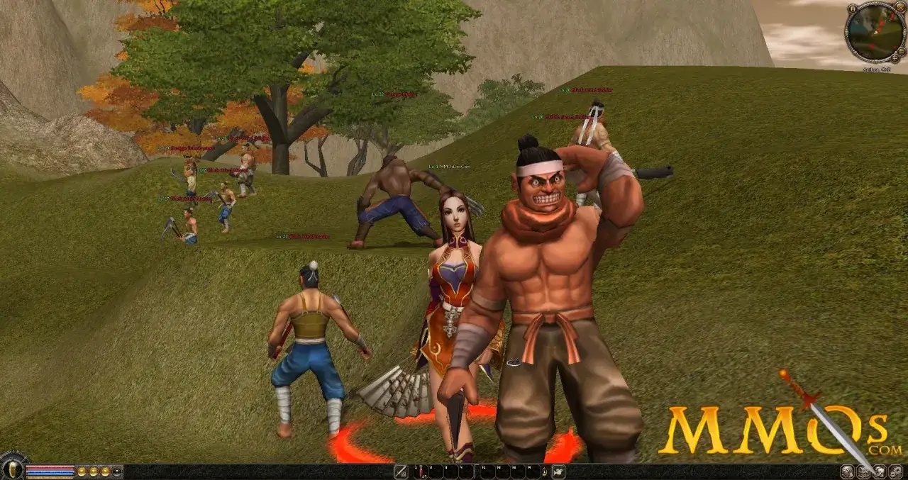 Gracze w grze MMORPG, jeden z nich, metin, ma groźną minę i trzyma broń.