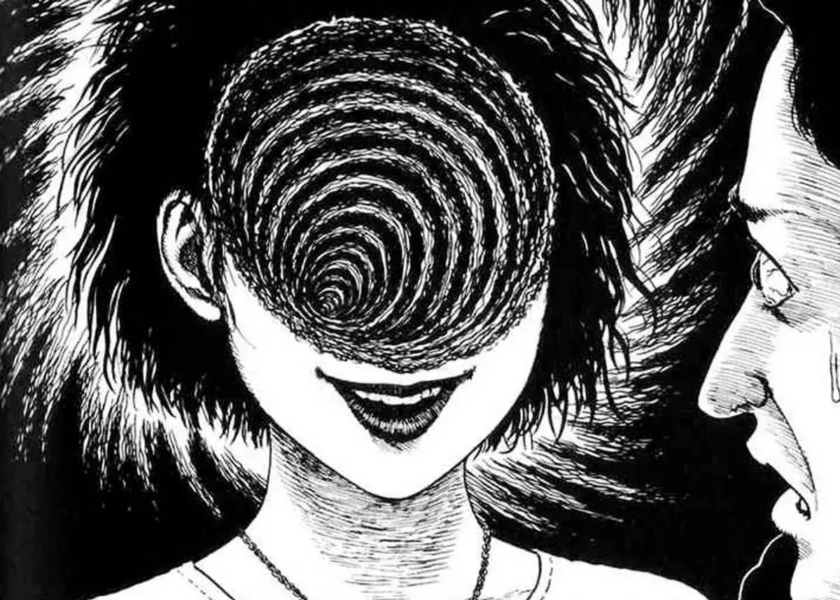 Dziewczyna z oczami w kształcie spirali, typowe dla stylu junji ito anime. Obok niej widać twarz z łzami.