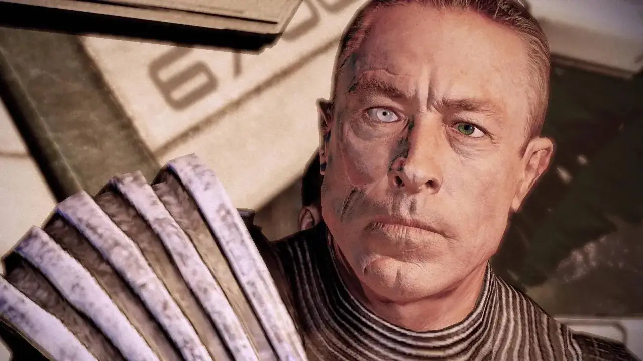 Zaeed Massani z Mass Effect 2, z blizną na twarzy i jednym białym okiem, gotowy do walki.