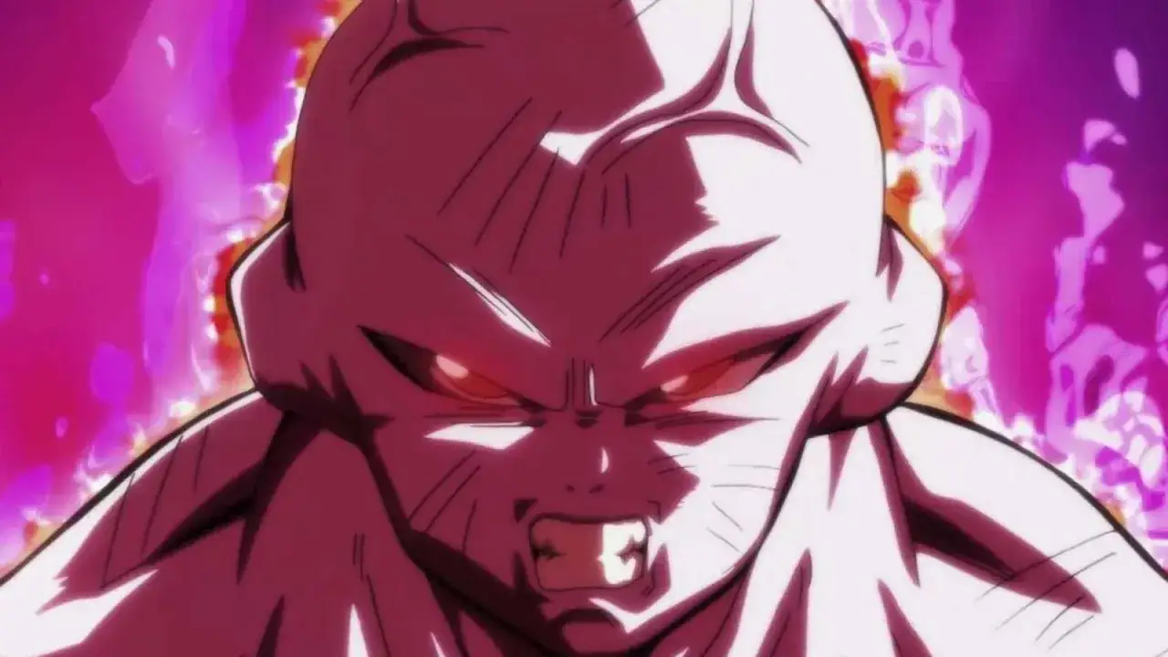 Jiren z Dragon Ball, z czerwonymi oczami i furią na twarzy, otoczony purpurową energią.