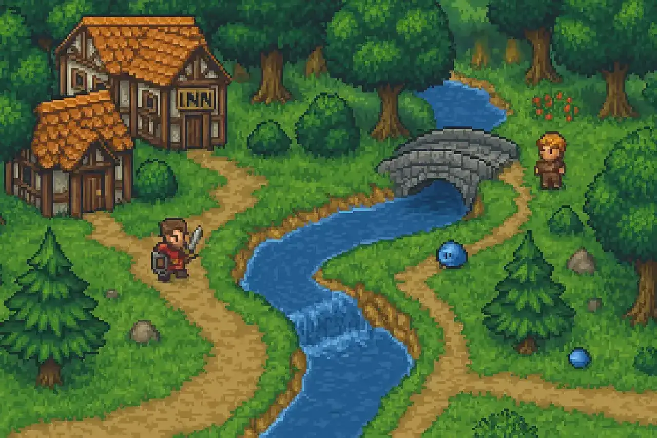 Pixelartowa scena z karczmą i rzeką, przypominająca stare gry mmo. Bohater z mieczem idzie ścieżką, a w oddali widać kolejną postać i śluzowate potwory.