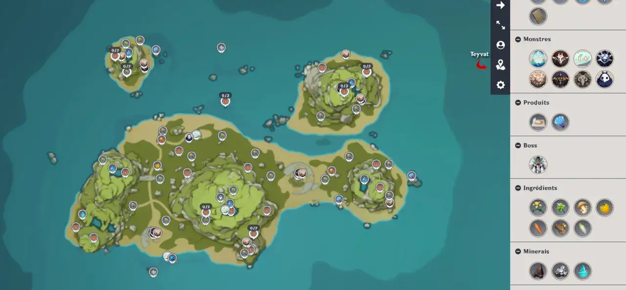 Mapa archipelagu Złotego Jabłka z zaznaczonymi punktami do zebrania.