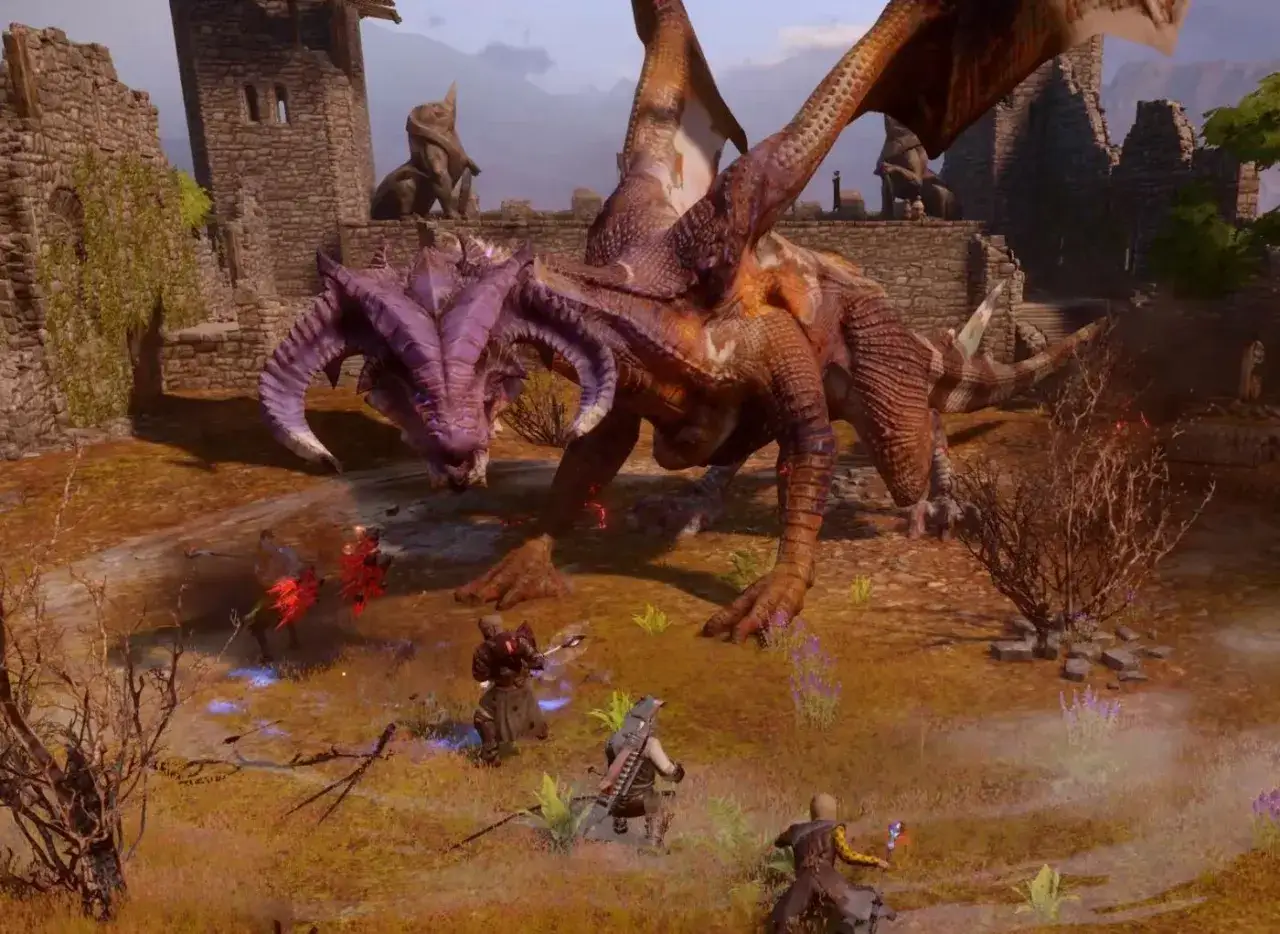 Wielki smok w grze Dragon Age: Inquisition walczy z drużyną bohaterów.
