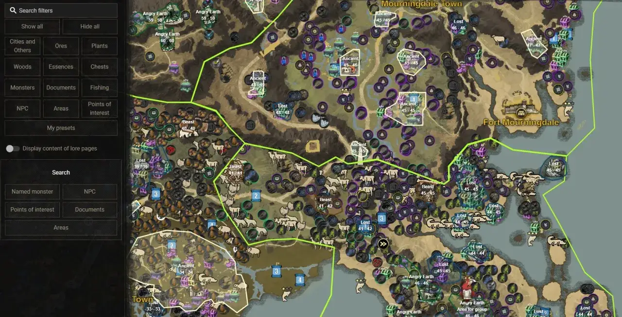 Mapa gry New World z zaznaczonymi punktami: potwory, skrzynie, zasoby. Widać Fort Mourningdale.