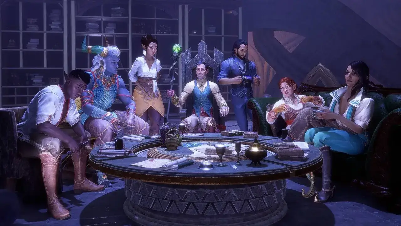 Grupa towarzyszy z Dragon Age: Inquisition zbiera się wokół stołu, planując kolejne kroki.