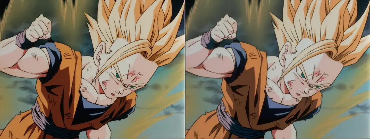 Gohan w formie Super Saiyanina, gotowy do walki w Dragon Ball Kakumei. Jego twarz jest skupiona, a włosy blond.