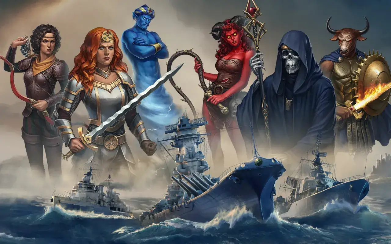 Groźny dżin, demonica, śmierć i minotaur stoją nad okrętami wojennymi. To epicki duel of champions na morzu.