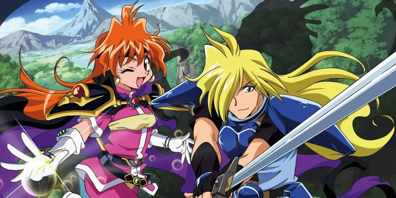 Slayers: Magiczni wojownicy Lina i Gourry w akcji, gotowi do walki z potworami w malowniczym krajobrazie.
