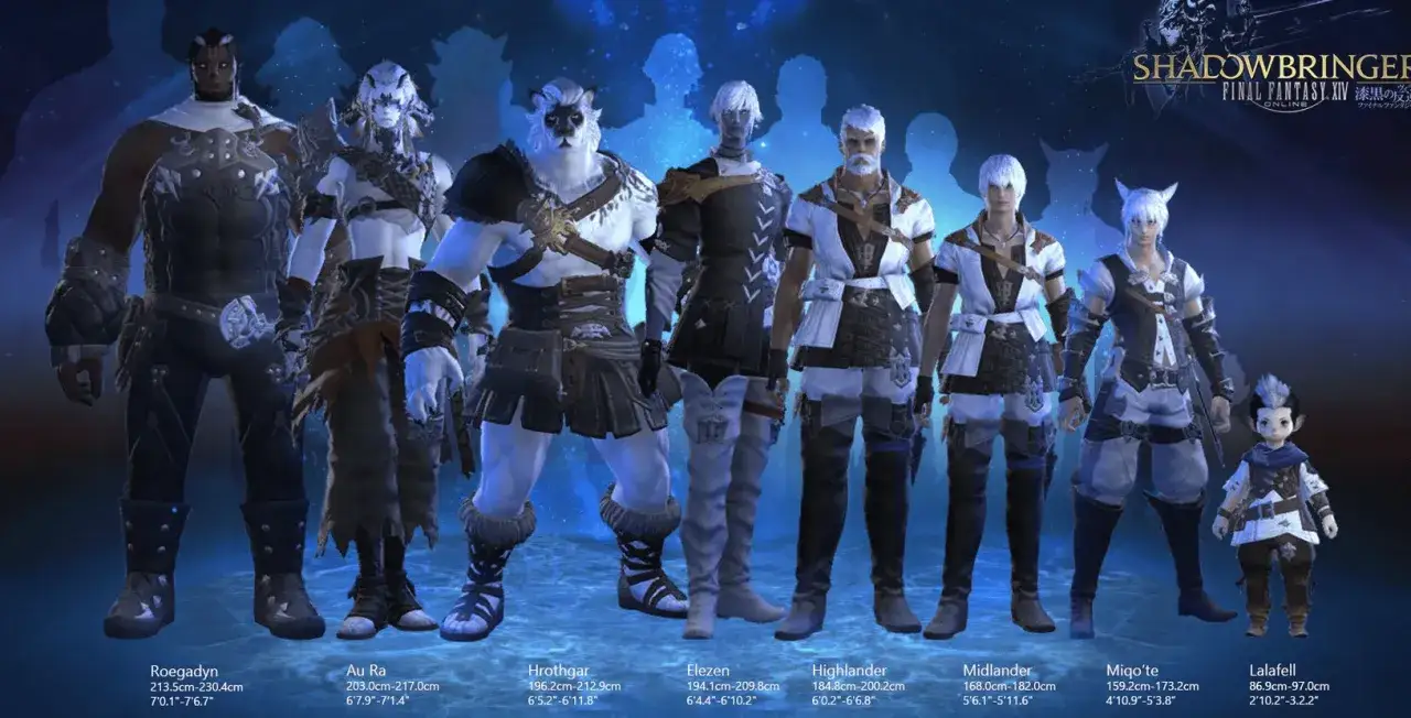 Postacie z Final Fantasy XIV, od wysokich Roegadynów po małych Lalafellów, prezentują różnorodność ras. Ich stroje sugerują, że przygotowują się na ostatni chaos.