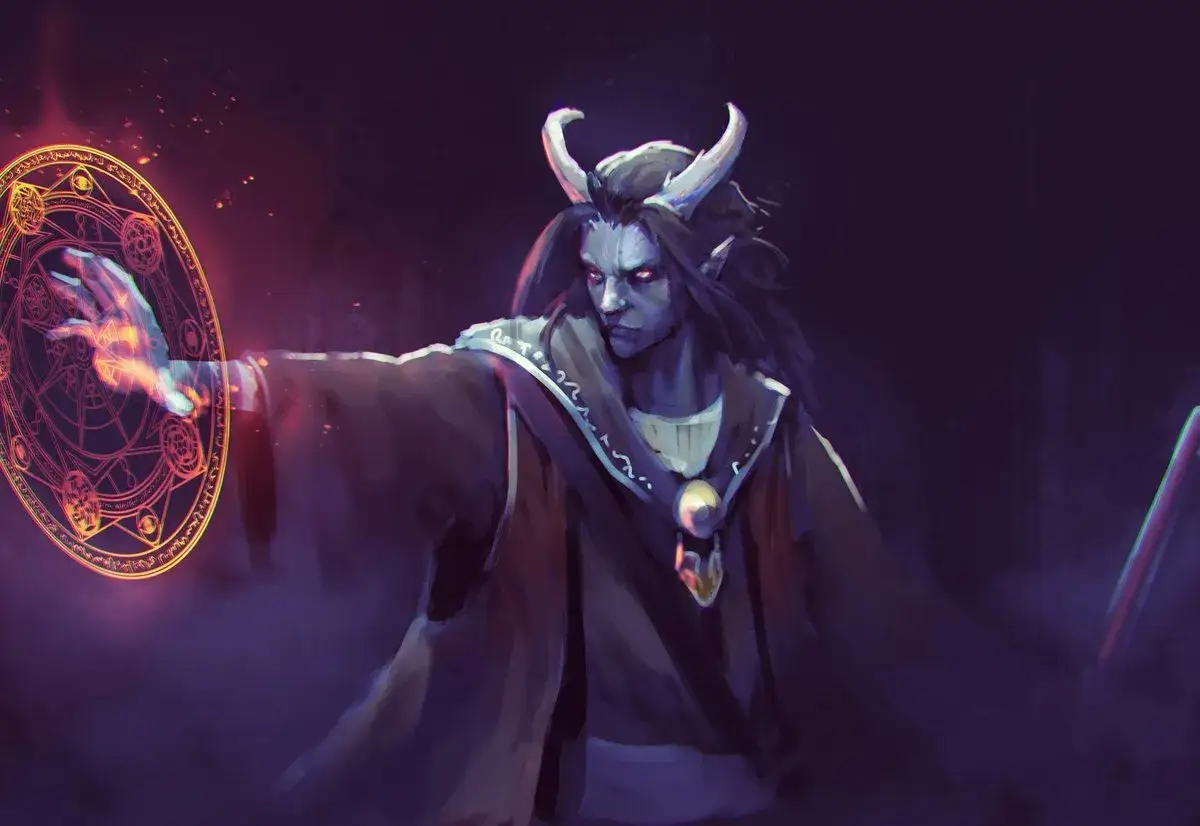 Mroczny mag z rogami i niebieską skórą rzuca eldritch blast, tworząc magiczny krąg.