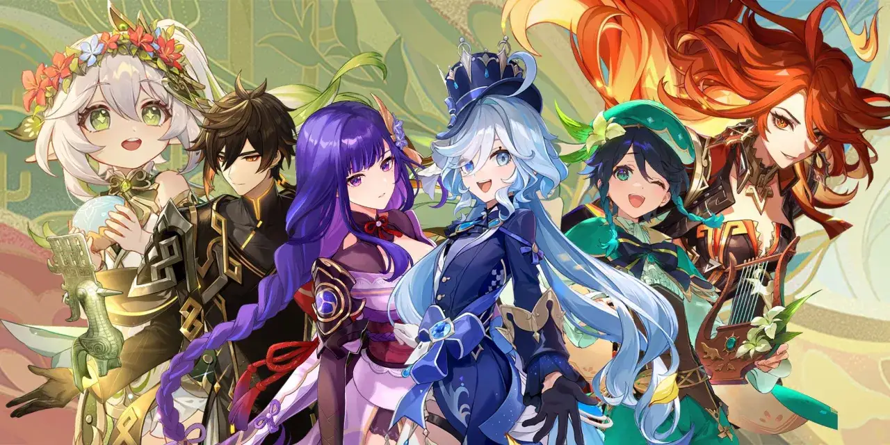 Kolekcja Genshin 5-gwiazdkowych postaci: Nahida, Zhongli, Raiden Shogun, Furina, Venti i Dehya.