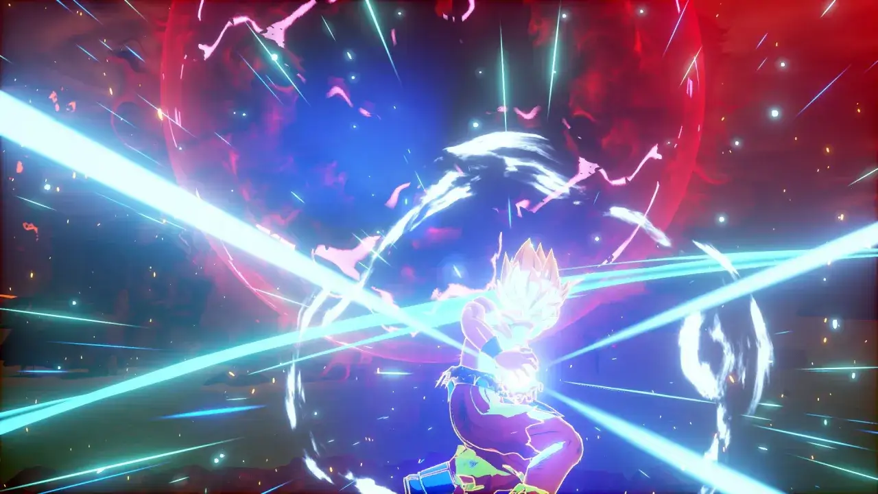Goku w Super Saiyan w grze Dragon Ball RPG ładuje potężną Ki. Czerwona kula energii i niebieskie promienie otaczają go w epickiej walce.