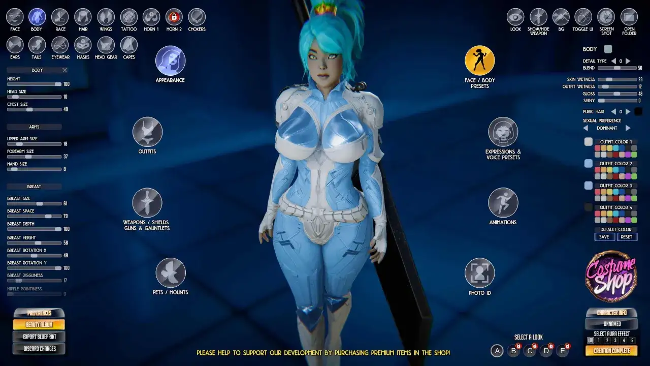 Postać z gry League of Maidens w niebiesko-białym stroju, z niebieskimi włosami i opcjami personalizacji.