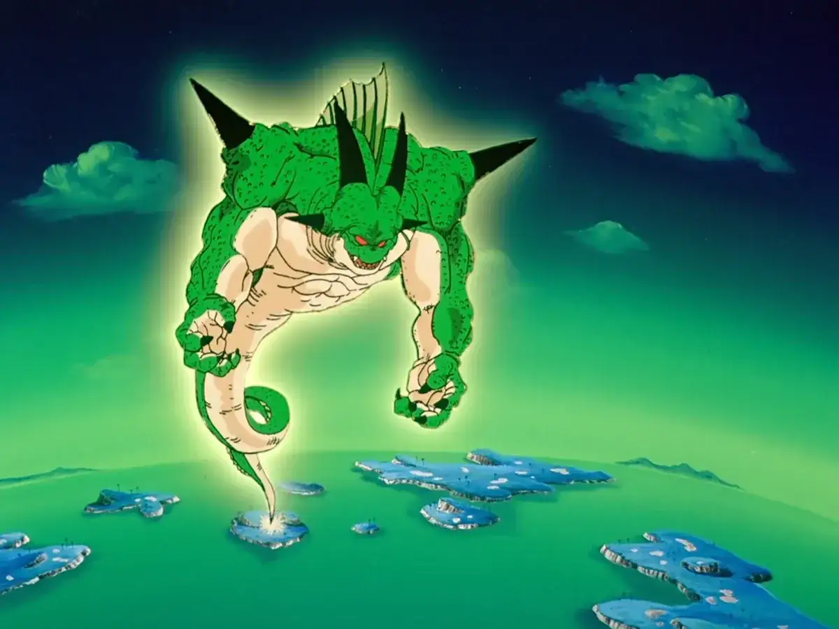 Potężny, zielony smok z Dragon Ball, z rogami i kolcami, unosi się nad zielonym światem z wyspami.