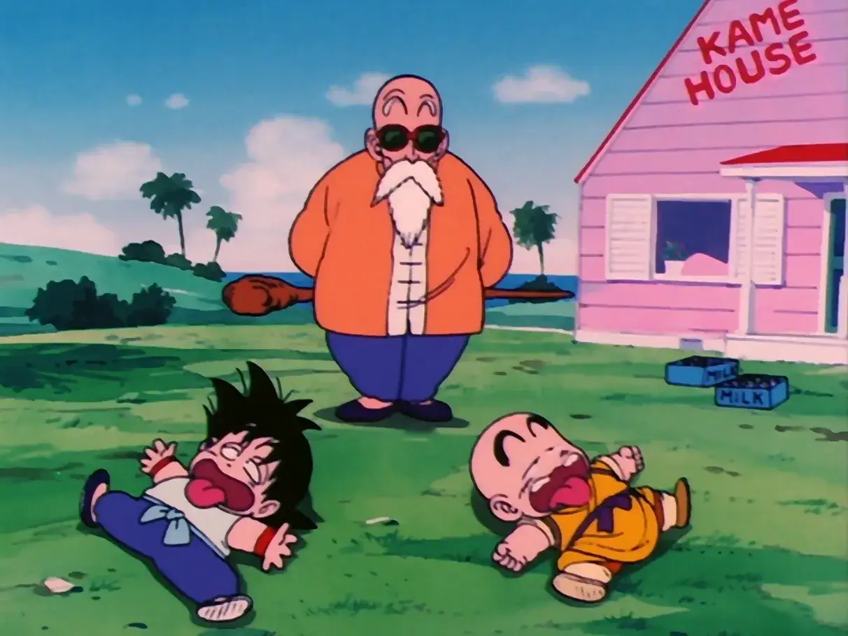 Mistrz Roshi stoi dumny, podczas gdy Goku i Krillin padają na ziemię, wyczerpani treningiem.