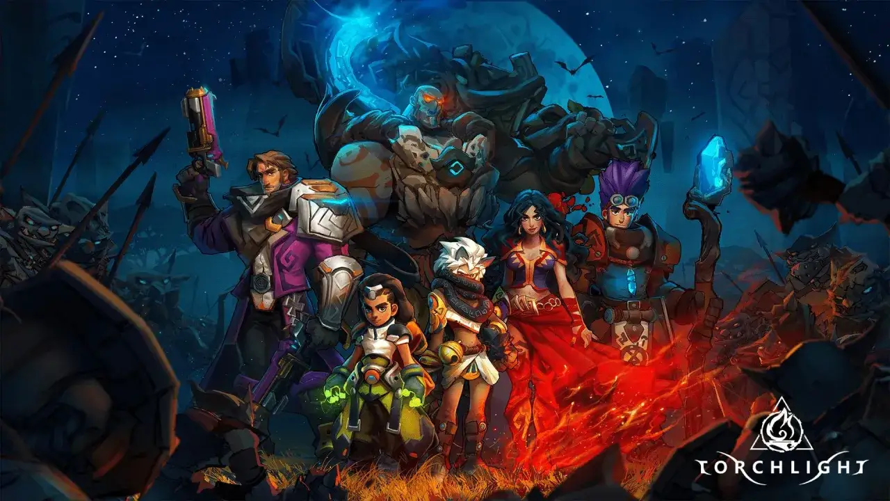 Bohaterowie Torchlight: Infinite gotowi do walki z potworami pod nocnym niebem.