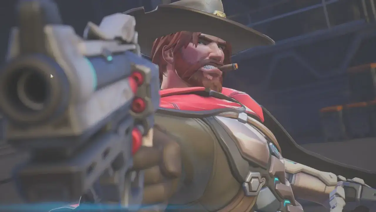 Jesse McCree z cygarem w ustach, celuje z rewolweru.