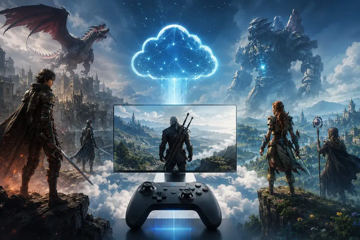 Gry na GeForce Now: smok, rycerze i gigantyczny robot w fantastycznym świecie. Kontroler i chmura symbolizują streaming.