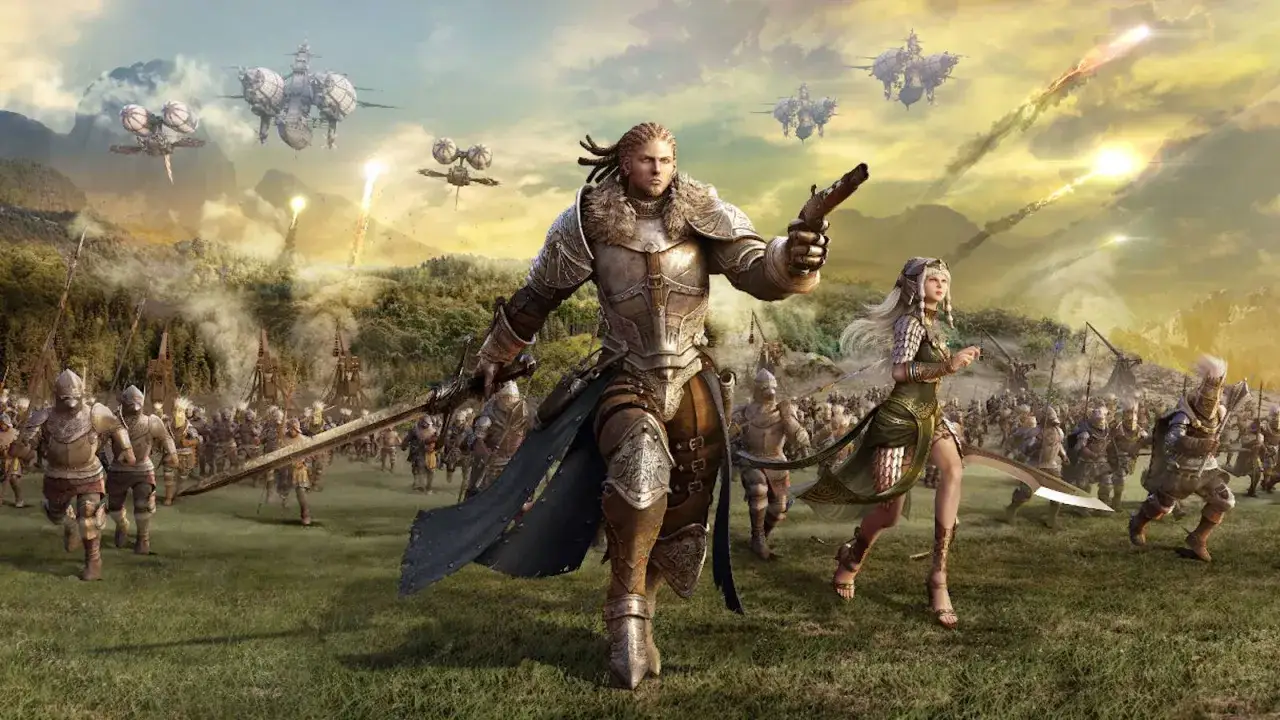 Bitwa w Kingdom Under Fire 2: rycerz i elfka biegną na czele armii, podczas gdy latające fortece ostrzeliwują wrogów.