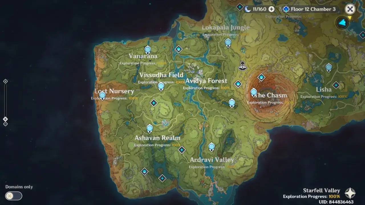 Mapa Genshin Sumeru pokazuje w pełni odkryte lokacje: Lokapala Jungle, Vanarana, Vissudha Field, Avidya Forest, Ashavan Realm, Ardravi Valley, The Chasm, Lisha i Starfell Valley.