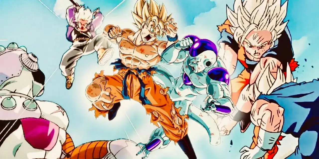 Goku walczy z Friezą, podczas gdy Trunks i Vegeta dołączają do walki. Scena z Dragon Ball Z: Season 1.