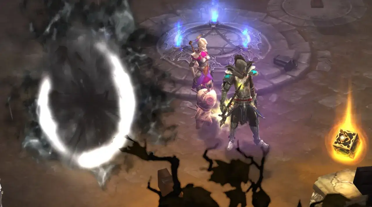 Postacie z Diablo 3 stoją przy portalu, a obok nich leży skamieniały krzyk.