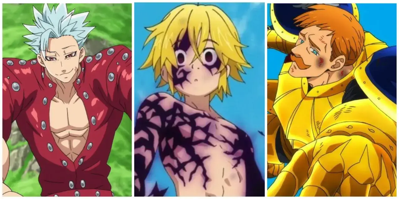 Trzech bohater&oacute;w z anime: Ban w czerwonej kurtce, Meliodas z czarnymi wzorami na ciele, i Escanor w złotej zbroi. Początki siedmiu grzech&oacute;w gł&oacute;wnych.