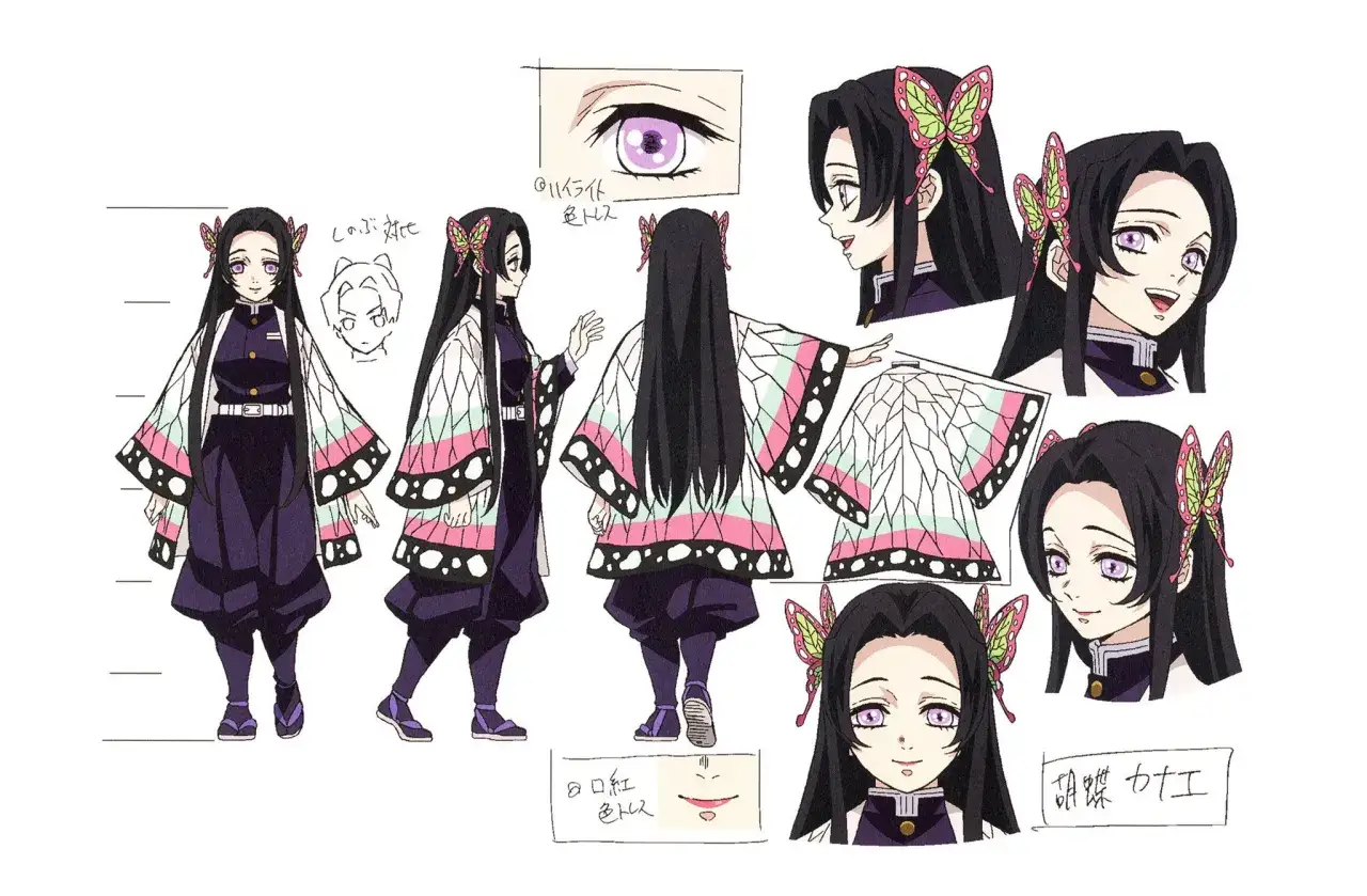 Zestaw szkiców postaci Kanae Kocho z Demon Slayer, ukazujący jej różne pozy, detale twarzy i ubrań z motywami motyli.
