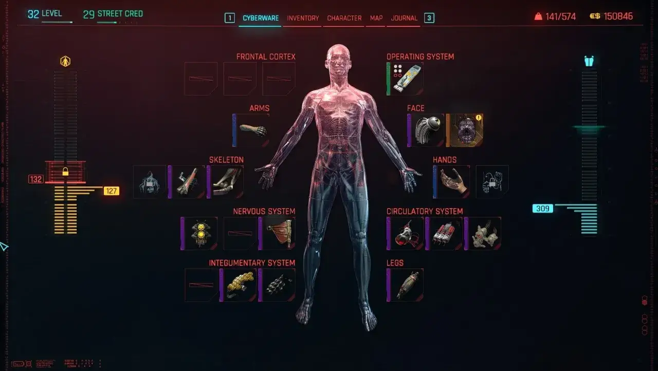Interfejs gry Cyberpunk 2077, pokazujący menu cyberware. Widoczny jest schematyczny model postaci z zaznaczonymi systemami: szkielet, układ nerwowy, układ krążenia, kończyny, twarz, dłonie, kora mózgowa i system operacyjny.