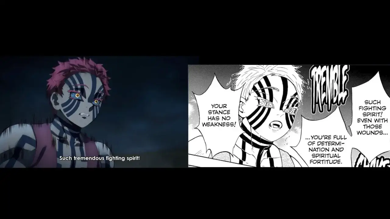 Akaza z Demon Slayer 1 podziwia waleczność przeciwnika, nawet gdy ten jest ranny.