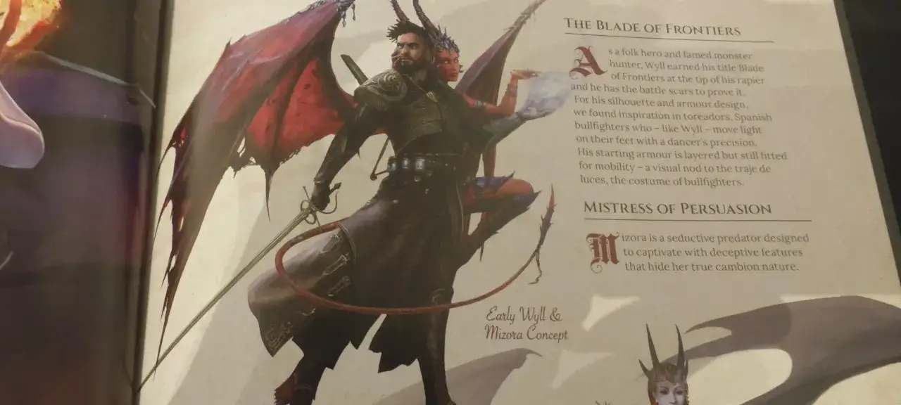 Wyll BG3, demoniczny łowca potworów z Baldur's Gate 3, w zbroi inspirowanej torreadorami, obok Mizory.