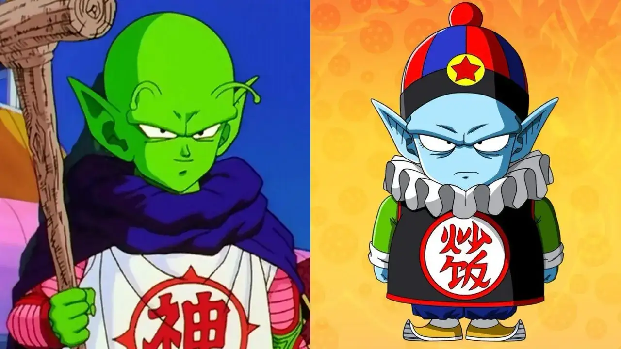 Dwa kadry z Dragon Ball: zielony Piccolo z laską i niebieski Pilaf w stroju z gwiazdą.